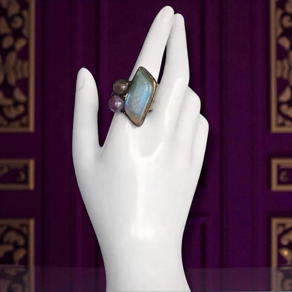 🆕️Boho Chic Labradorite & Amethyst Adjustable Copper Ring Rustic Vintage Style - Picture 6 of 16